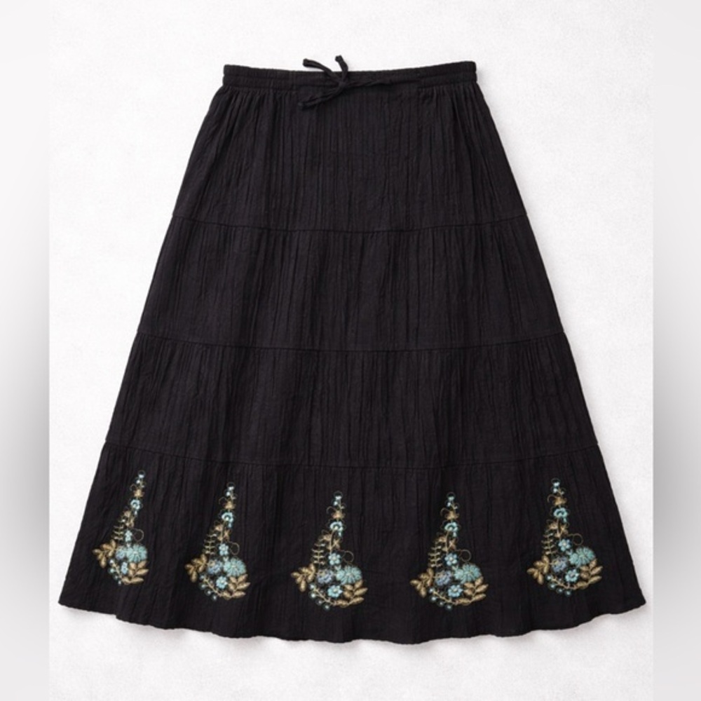 Vintage Black Embroidered Tiered Midi Skirt Size Large